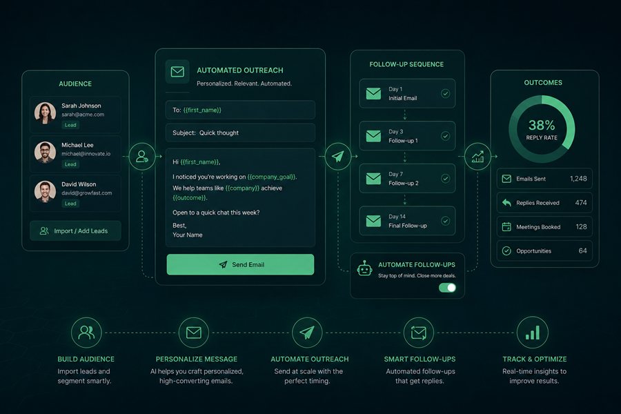 AI Email Bot - build audience, personalize message, automate outreach, smart follow-ups, track and optimize