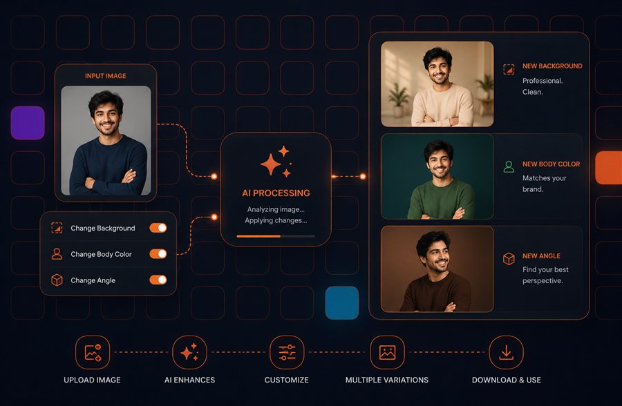ChromaCraft AI - upload an image, AI changes background, body color and angle, download multiple variations